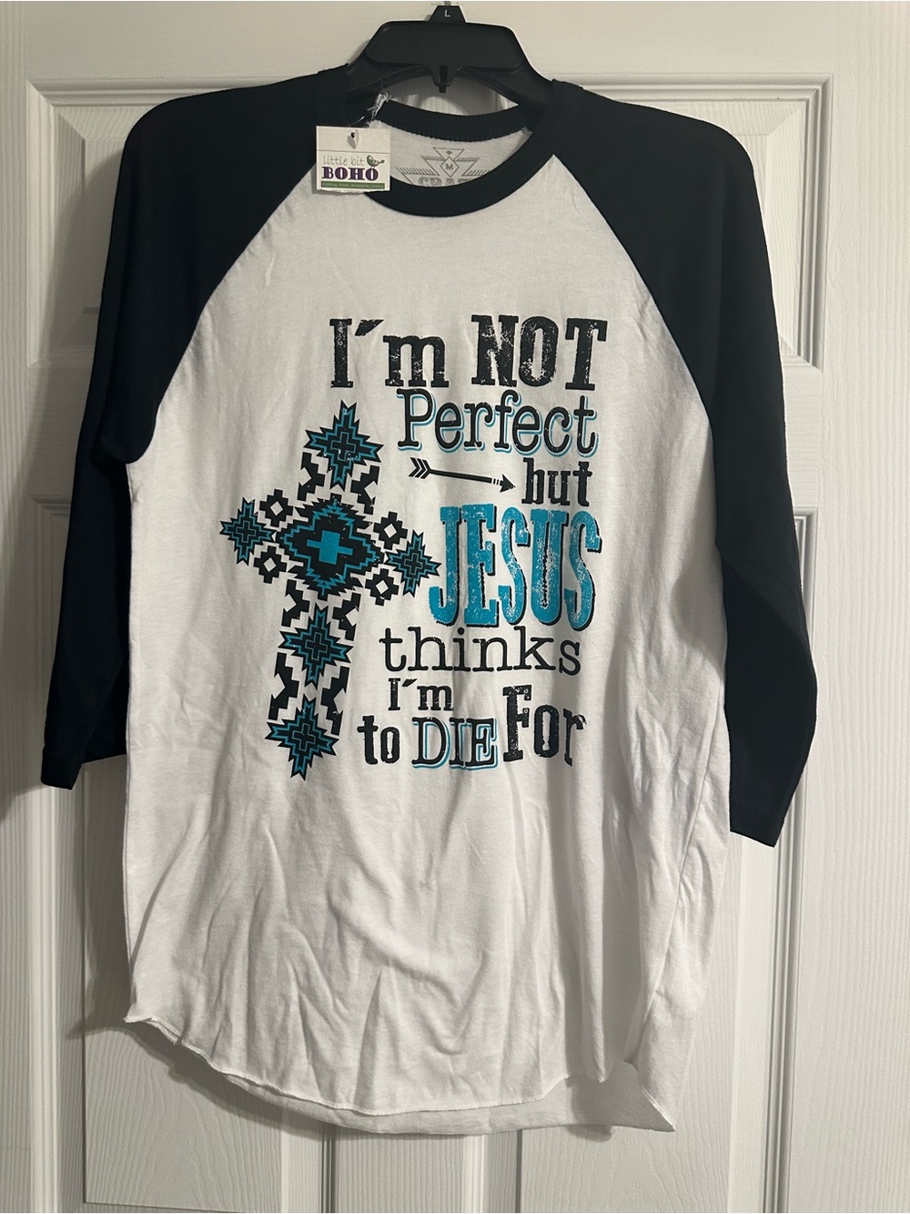 Crazy Train White Raglan Tee with Black Sleeves and Teal Graphic